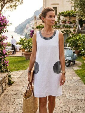 LINA TOMEI Linen Dress Minimalist Sustainable Chic Scandi Pockets Striped M